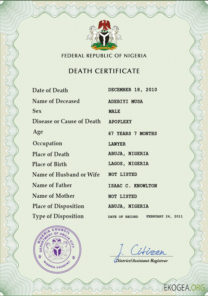 Modèle PSD de certificat de décès de l'état civil du Nigeria